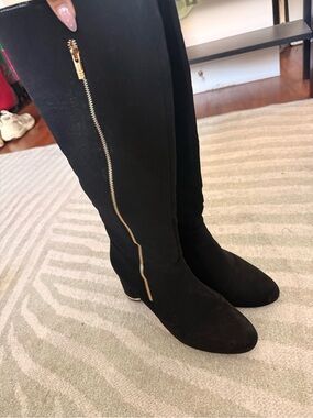 London Fog Black Over-the-Knee Boots with Gold Zip Detail